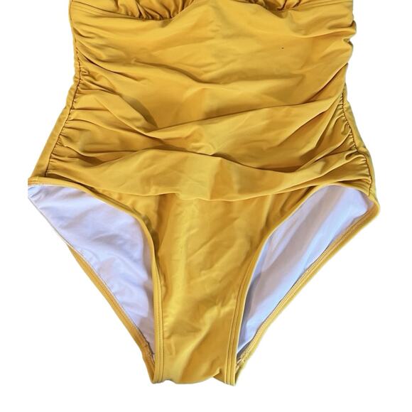 DKNY Swimsuit Womens Size 14 Yellow One Piece Ruching Straps Ruffles Designer - Picture 9 of 11